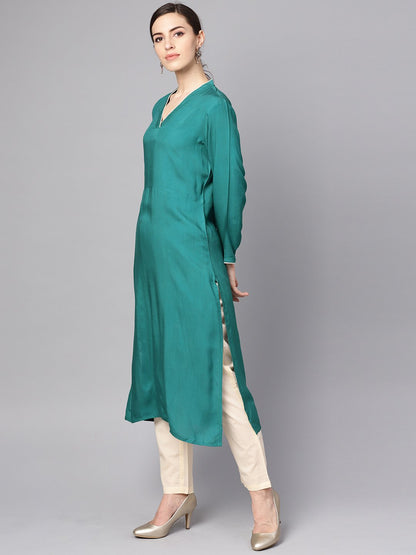 Women's Teal Blue 3/4Th Sleeve Cotton Kurta With Beige Palazzo And Printed Dupatta