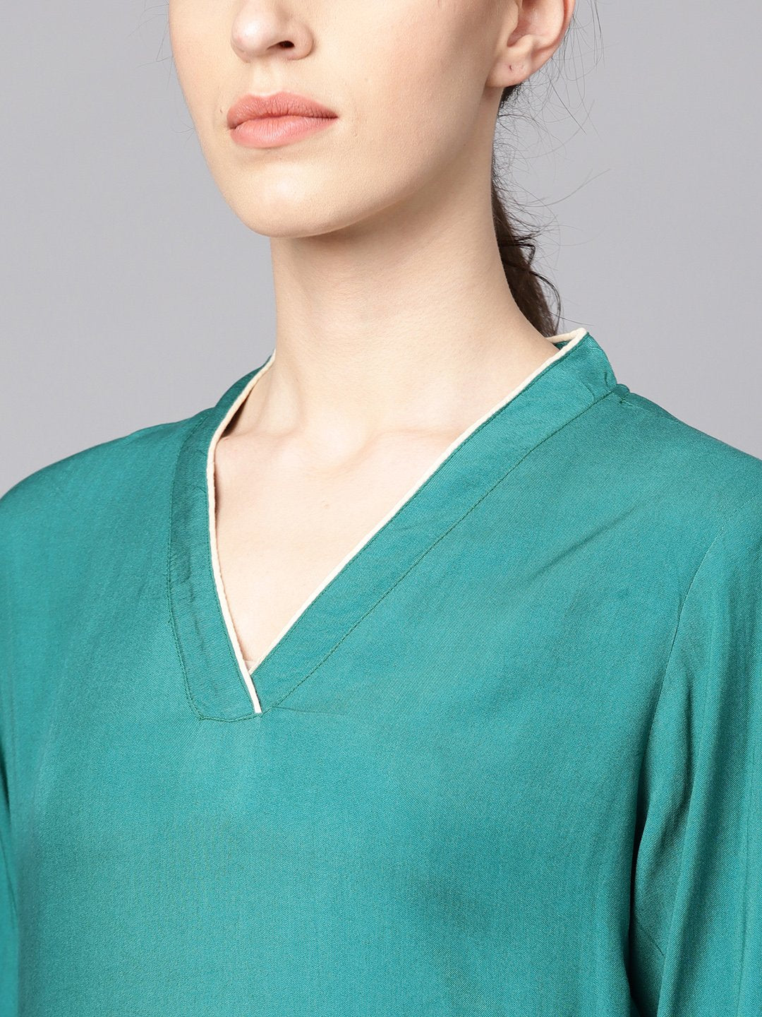 Women's Teal Blue 3/4Th Sleeve Cotton Kurta With Beige Palazzo And Printed Dupatta