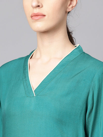 Women's Teal Blue 3/4Th Sleeve Cotton Kurta With Beige Palazzo And Printed Dupatta