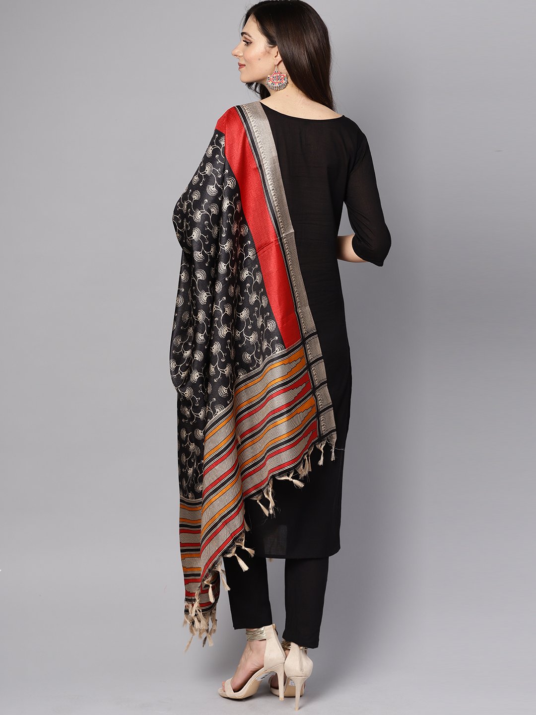 Women's Black 3/4Th Sleeve Cotton Kurta With Palazzo And Printed Dupatta
