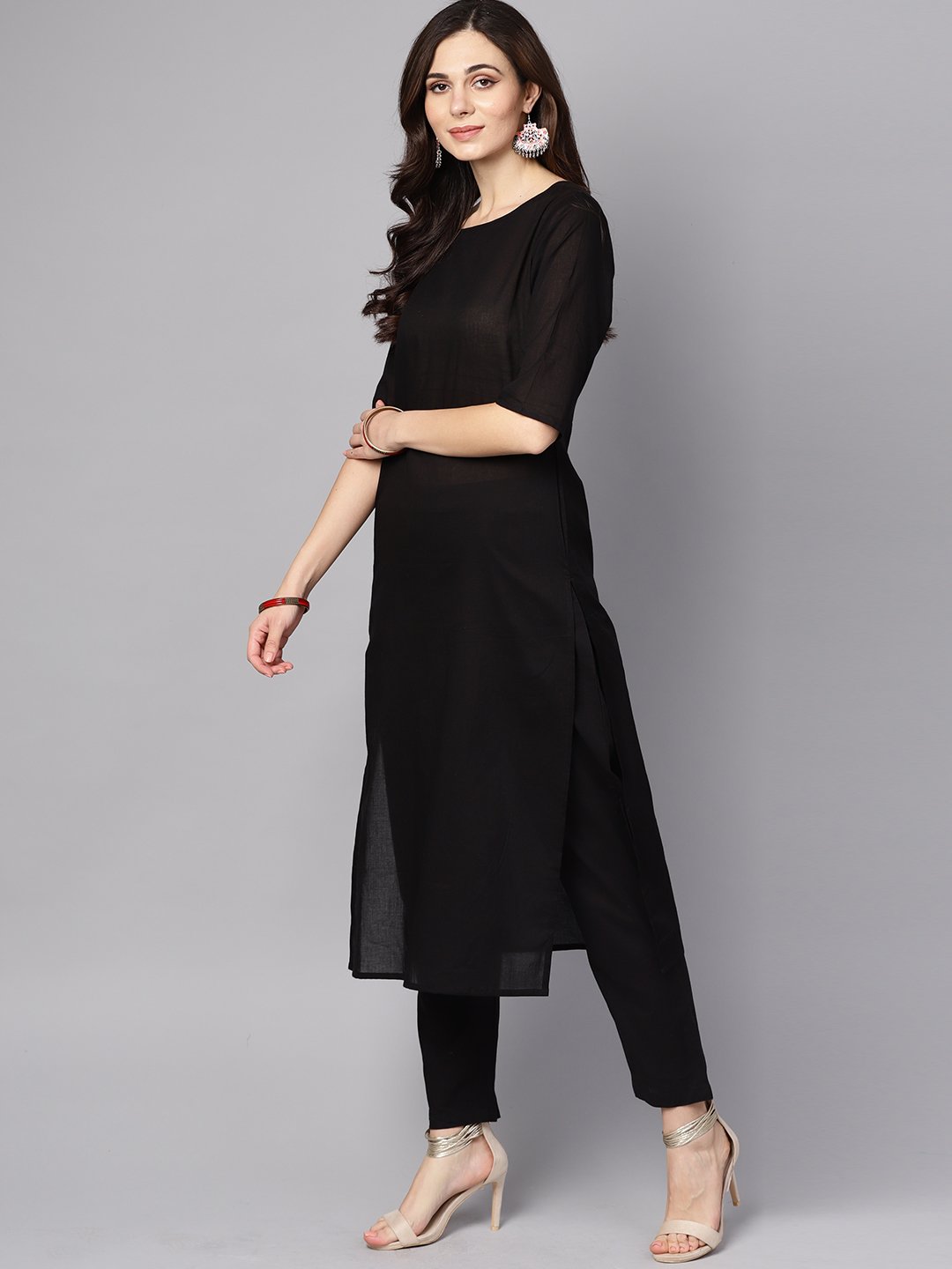 Women's Black 3/4Th Sleeve Cotton Kurta With Palazzo And Printed Dupatta