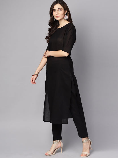 Women's Black 3/4Th Sleeve Cotton Kurta With Palazzo And Printed Dupatta