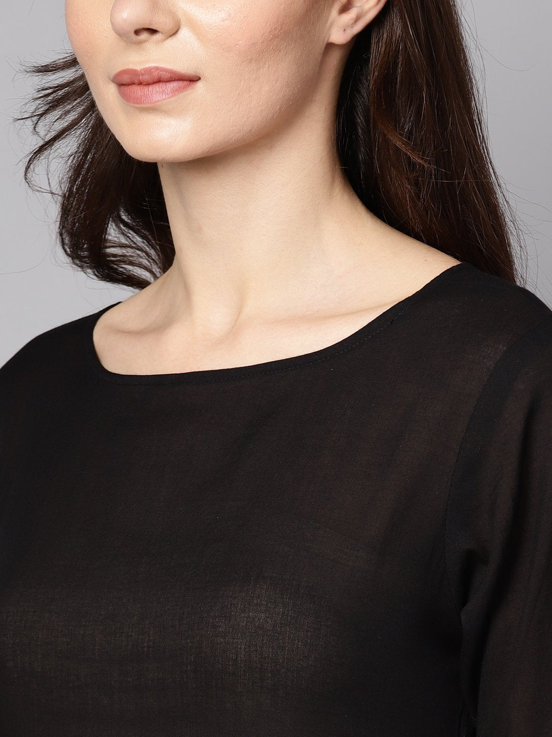 Women's Black 3/4Th Sleeve Cotton Kurta With Palazzo And Printed Dupatta