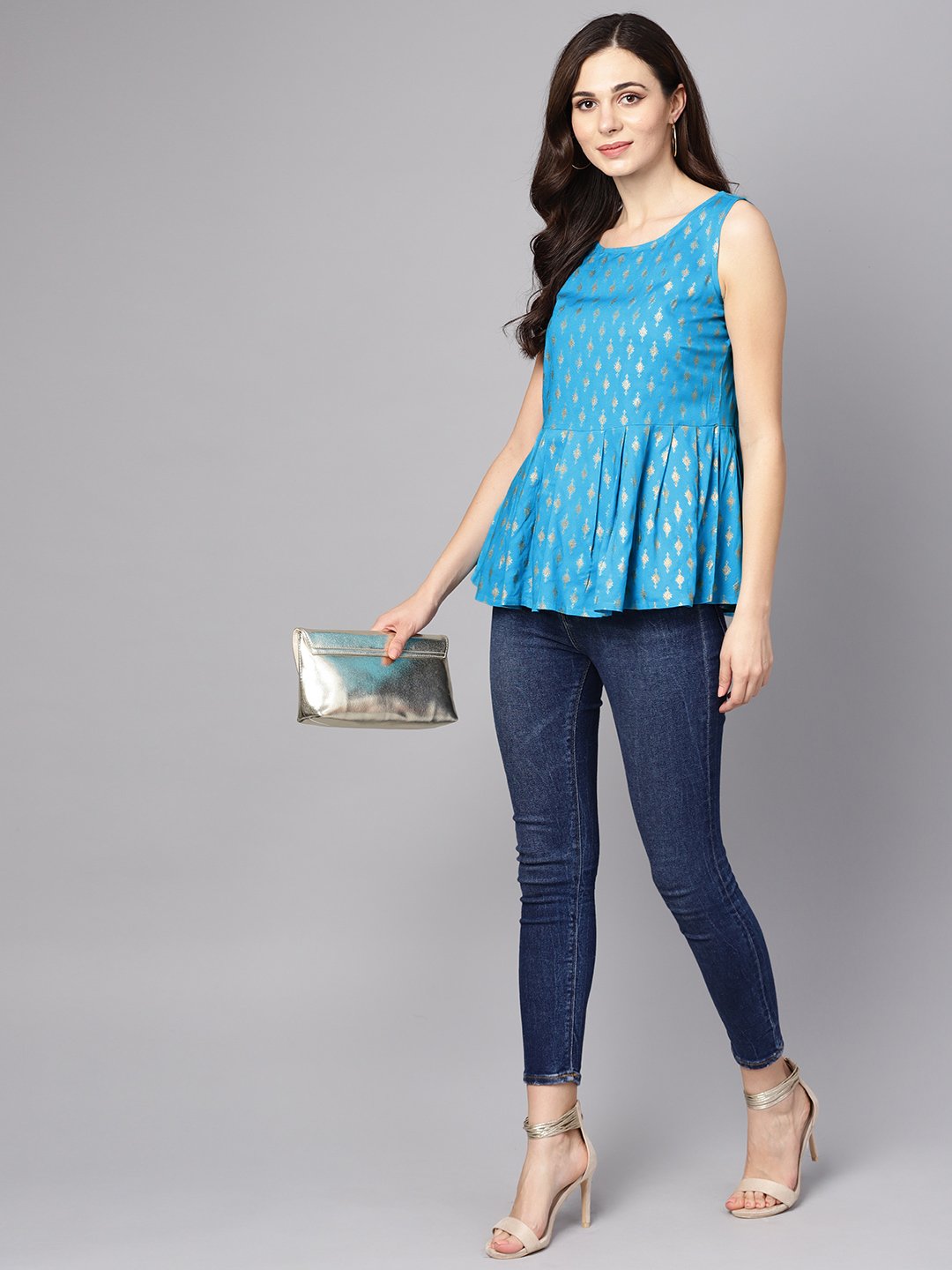 Women's Light Blue Sleevless A-Line Rayon Crop Top