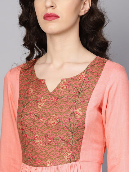Women's Solid Peach 3/4Th Sleeve Rayon Maxi Dress