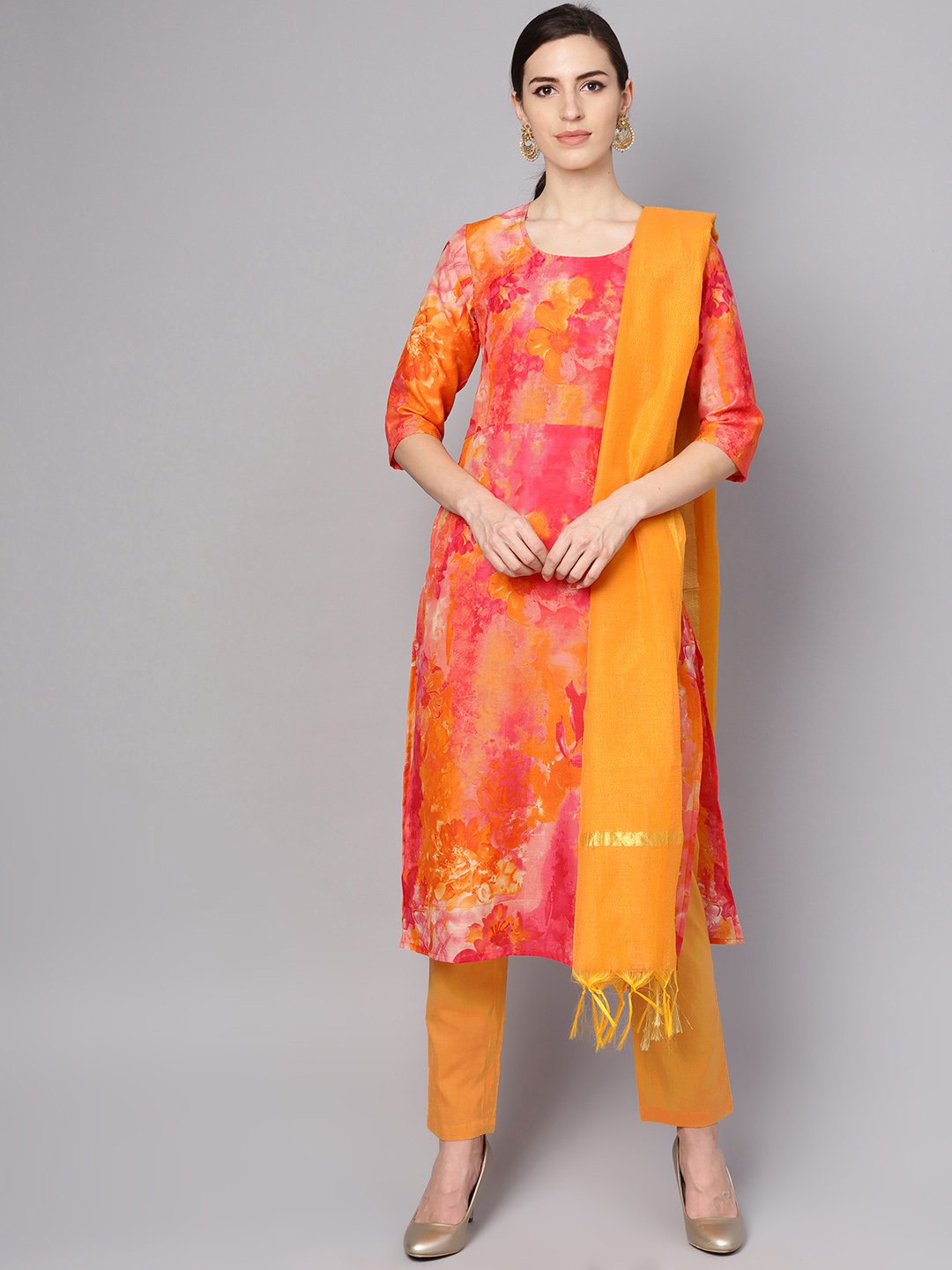 Women's Red Printed Half Sleeve Cotton Kurta With Yellow Palazzo & Dupatta