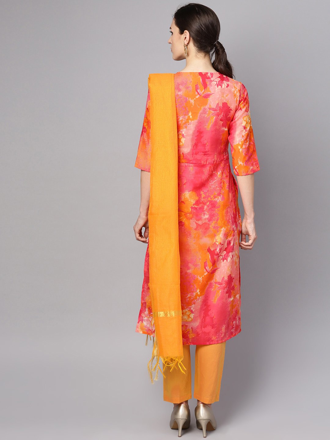 Women's Red Printed Half Sleeve Cotton Kurta With Yellow Palazzo & Dupatta