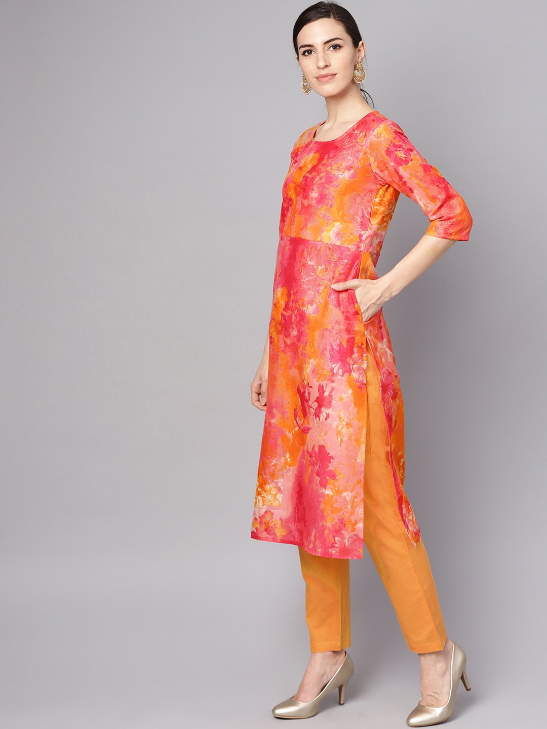 Women's Red Printed Half Sleeve Cotton Kurta With Yellow Palazzo & Dupatta