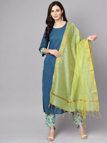 Women's Blue Printed 3/4Th Sleeve Cotton Kurta With Printed Palazzo And Dupatta