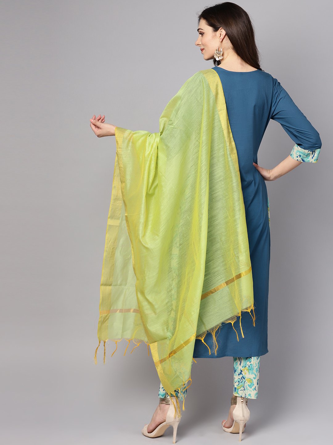Women's Blue Printed 3/4Th Sleeve Cotton Kurta With Printed Palazzo And Dupatta