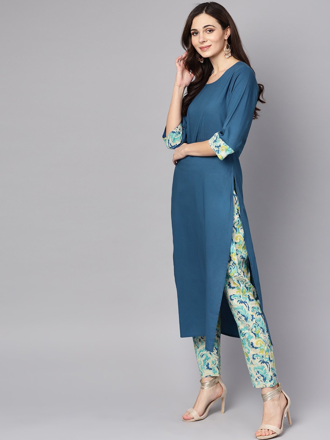 Women's Blue Printed 3/4Th Sleeve Cotton Kurta With Printed Palazzo And Dupatta