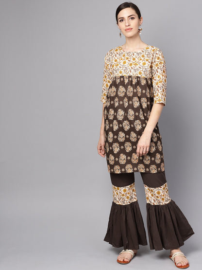 Women's Black & Beige Printed Kurti With Printed Sharara