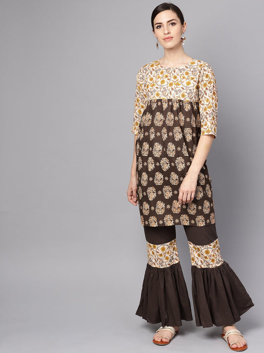 Women's Black & Beige Printed Kurti With Printed Sharara