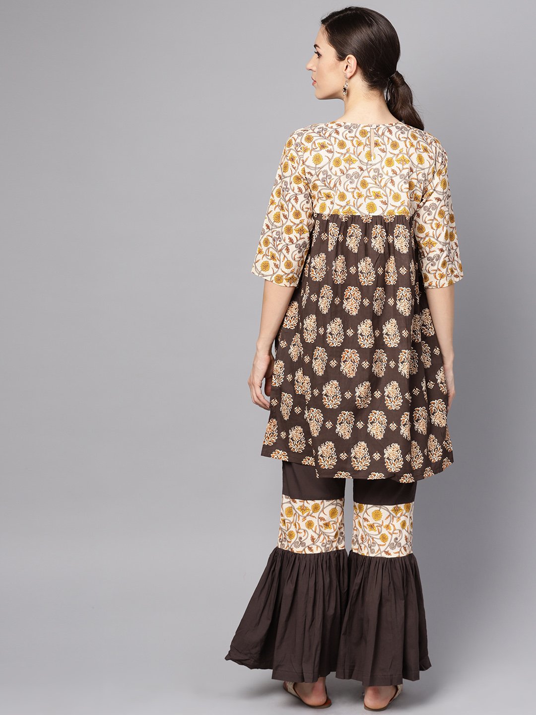 Women's Black & Beige Printed Kurti With Printed Sharara