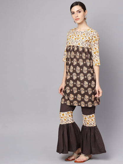Women's Black & Beige Printed Kurti With Printed Sharara