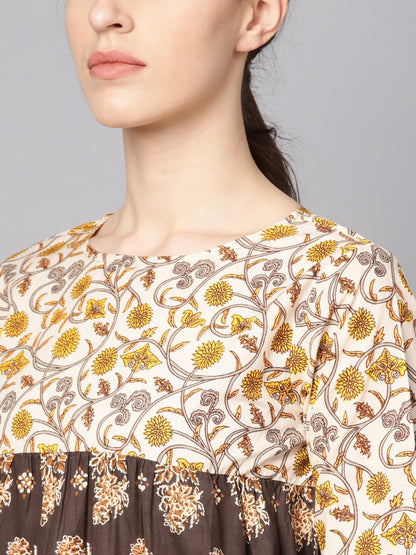 Women's Black & Beige Printed Kurti With Printed Sharara