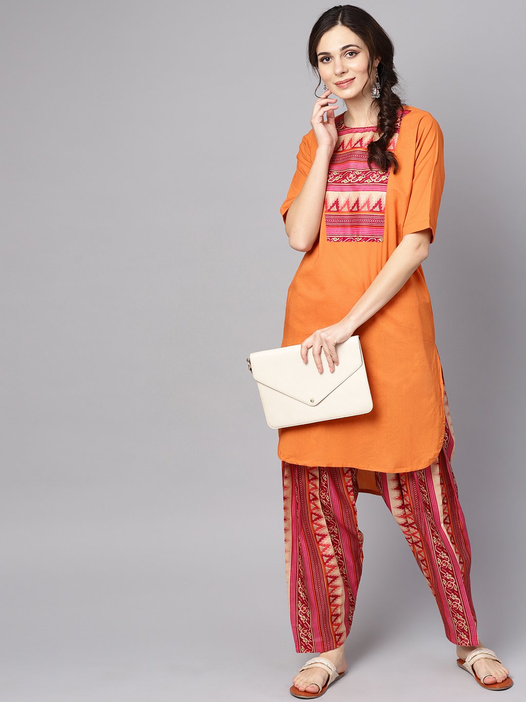 Women's Orange & Pink Printed Kurta With Palazzos & Dupatta