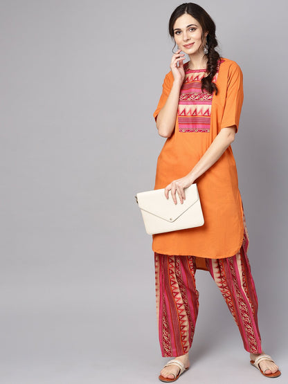 Women's Orange & Pink Printed Kurta With Palazzos & Dupatta