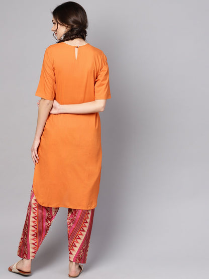 Women's Orange & Pink Printed Kurta With Palazzos & Dupatta