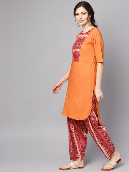 Women's Orange & Pink Printed Kurta With Palazzos & Dupatta