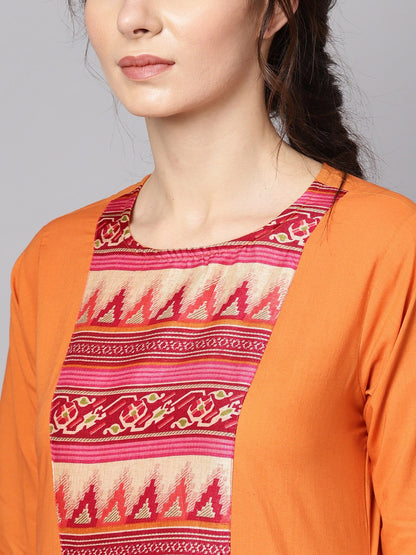 Women's Orange & Pink Printed Kurta With Palazzos & Dupatta