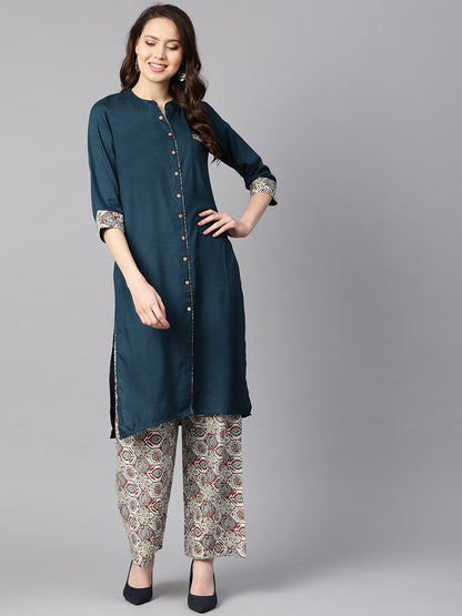 Women's Solid Dark Blue Rayon Straight Kurta With Printed Pocket And Cotton Printed Palazzo