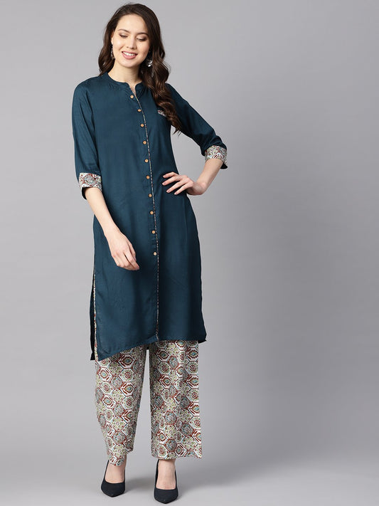 Women's Solid Dark Blue Rayon Straight Kurta With Printed Pocket And Cotton Printed Palazzo