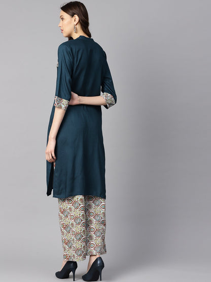 Women's Solid Dark Blue Rayon Straight Kurta With Printed Pocket And Cotton Printed Palazzo