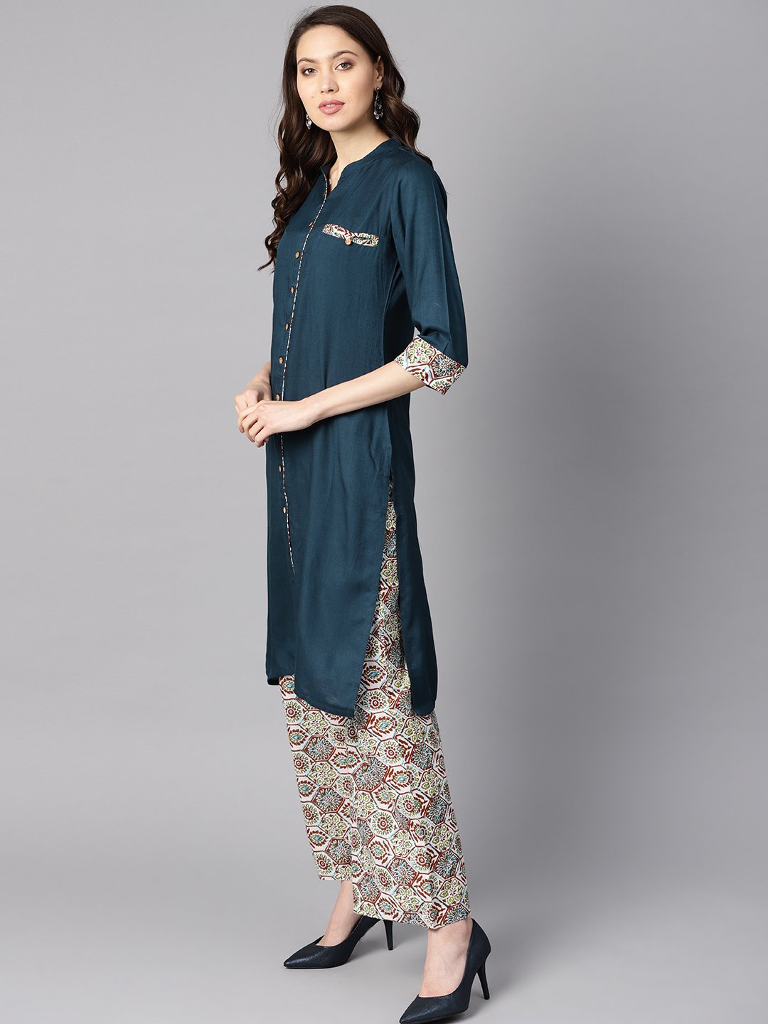 Women's Solid Dark Blue Rayon Straight Kurta With Printed Pocket And Cotton Printed Palazzo