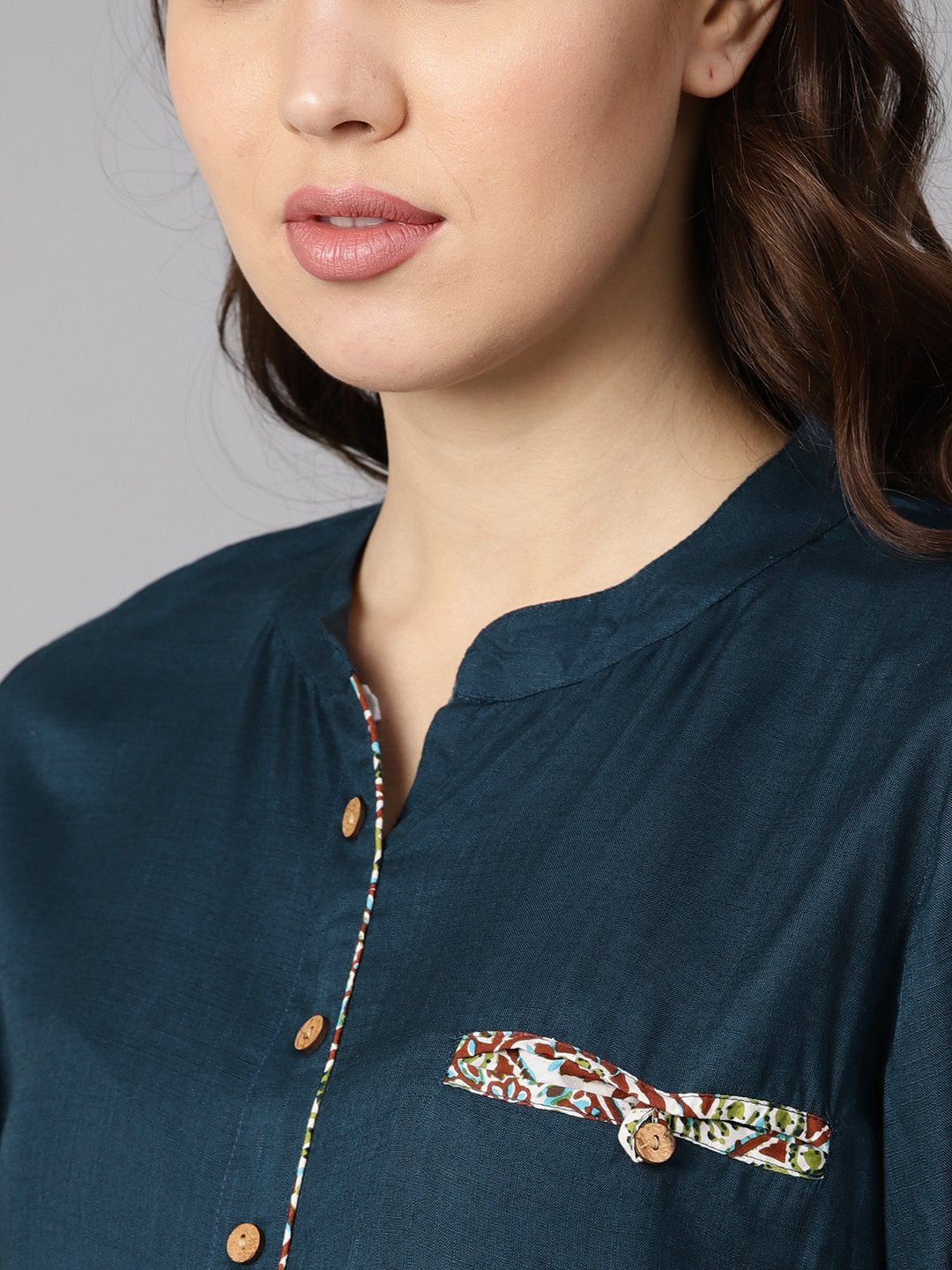 Women's Solid Dark Blue Rayon Straight Kurta With Printed Pocket And Cotton Printed Palazzo