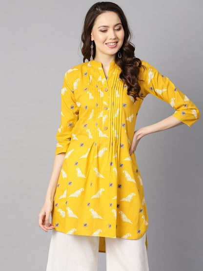 Women's Mustard Yellow White Bird Print Kurta With Pleats Detailing