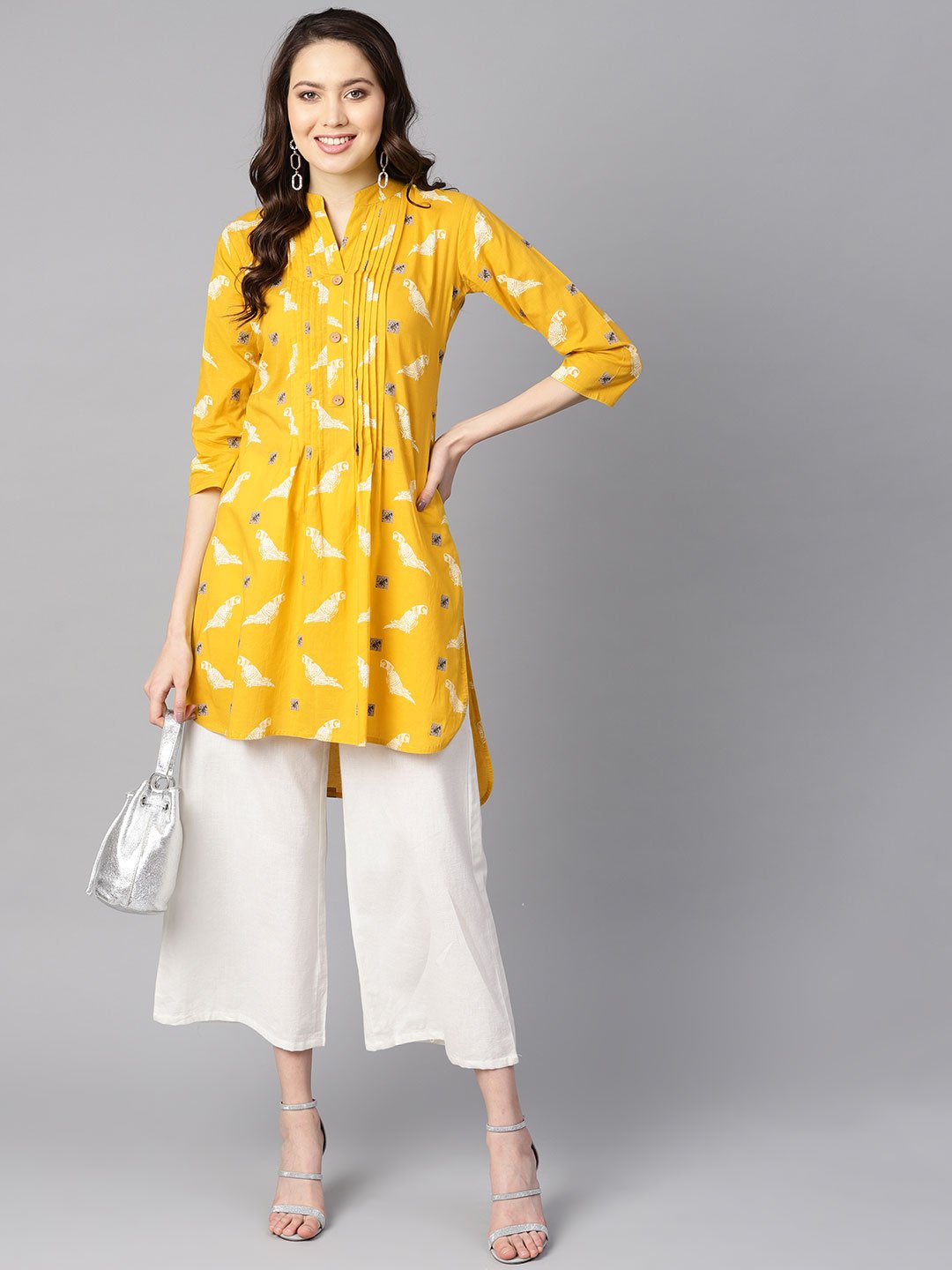 Women's Mustard Yellow White Bird Print Kurta With Pleats Detailing