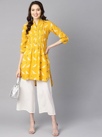Women's Mustard Yellow White Bird Print Kurta With Pleats Detailing