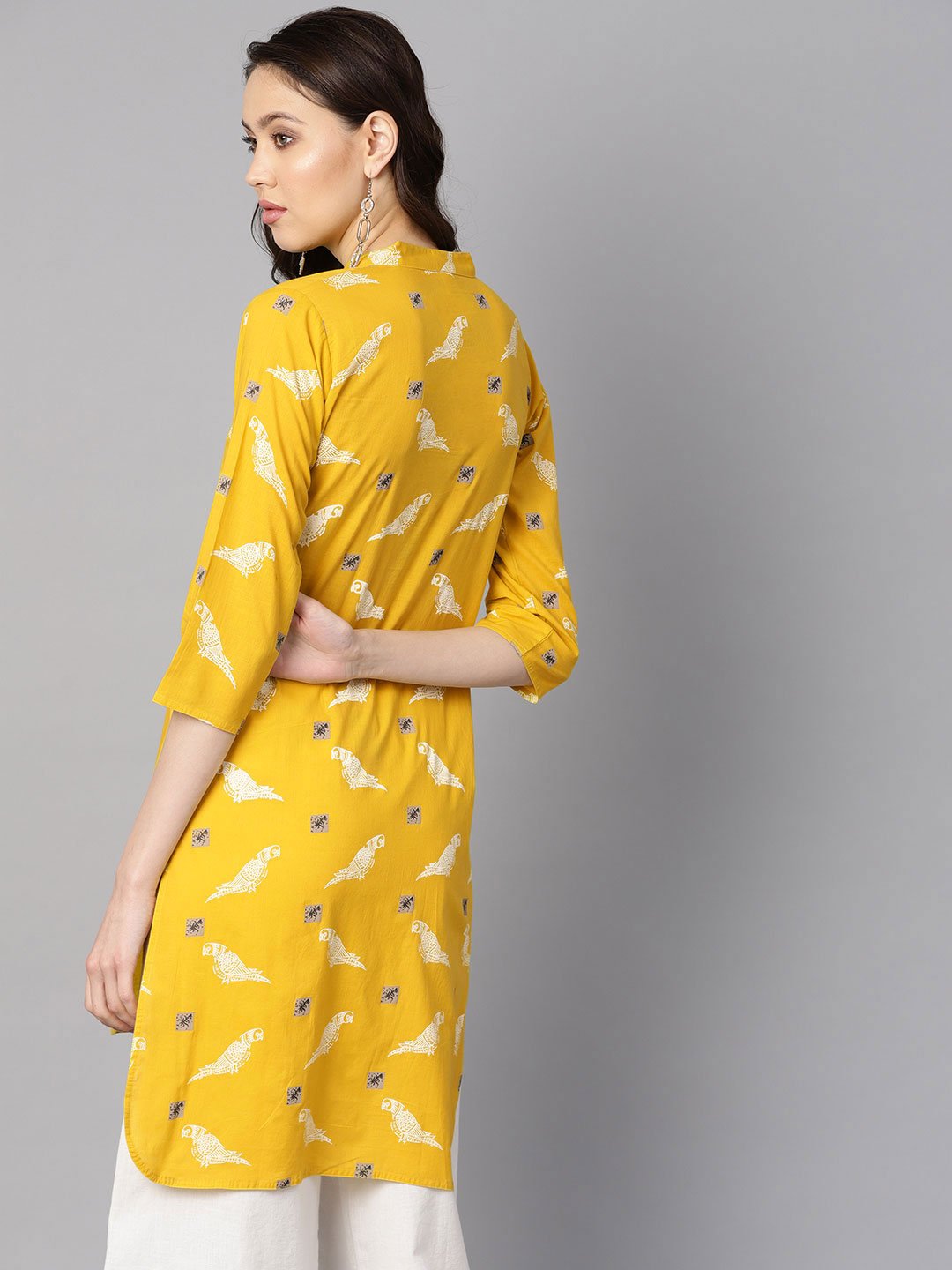 Women's Mustard Yellow White Bird Print Kurta With Pleats Detailing