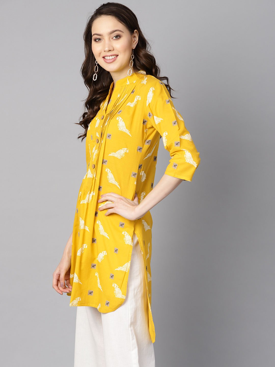 Women's Mustard Yellow White Bird Print Kurta With Pleats Detailing