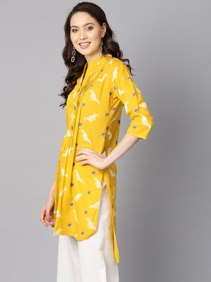 Women's Mustard Yellow White Bird Print Kurta With Pleats Detailing