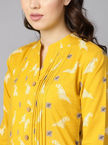 Women's Mustard Yellow White Bird Print Kurta With Pleats Detailing