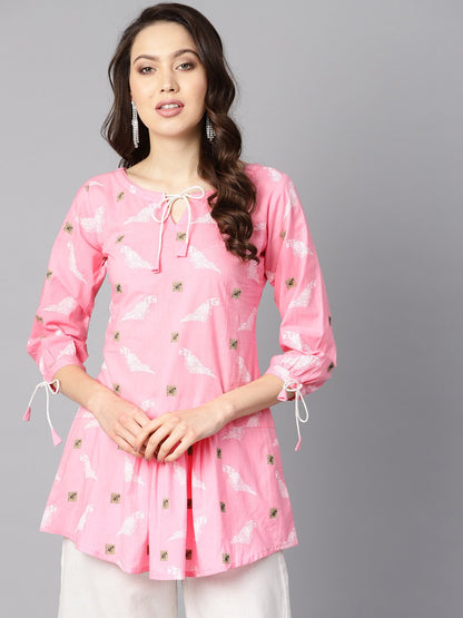 Women's Bird Print White Light Pink Tunic With Dori Detailing