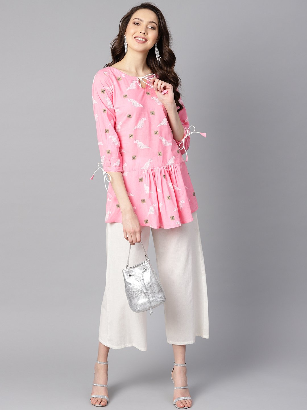 Women's Bird Print White Light Pink Tunic With Dori Detailing
