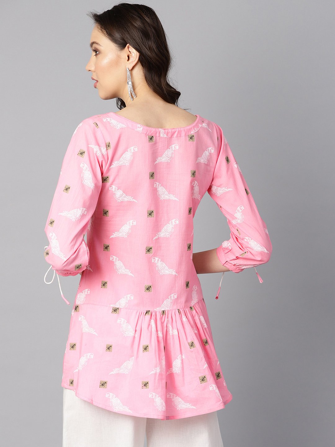 Women's Bird Print White Light Pink Tunic With Dori Detailing