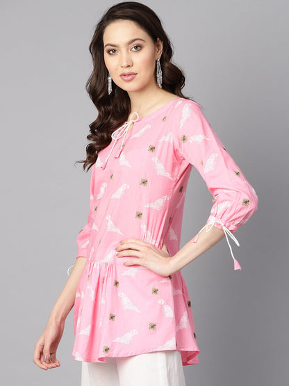 Women's Bird Print White Light Pink Tunic With Dori Detailing