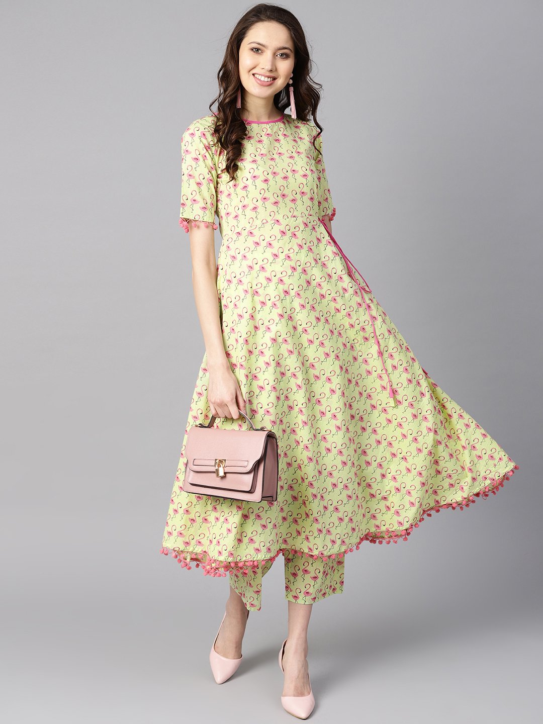 Women's Flamingo Bird Print Anarkali With Side Dori And Pom Pom Lace Detailing With Flamingo Bird Printed Pants