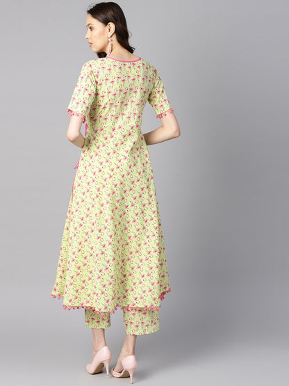 Women's Flamingo Bird Print Anarkali With Side Dori And Pom Pom Lace Detailing With Flamingo Bird Printed Pants