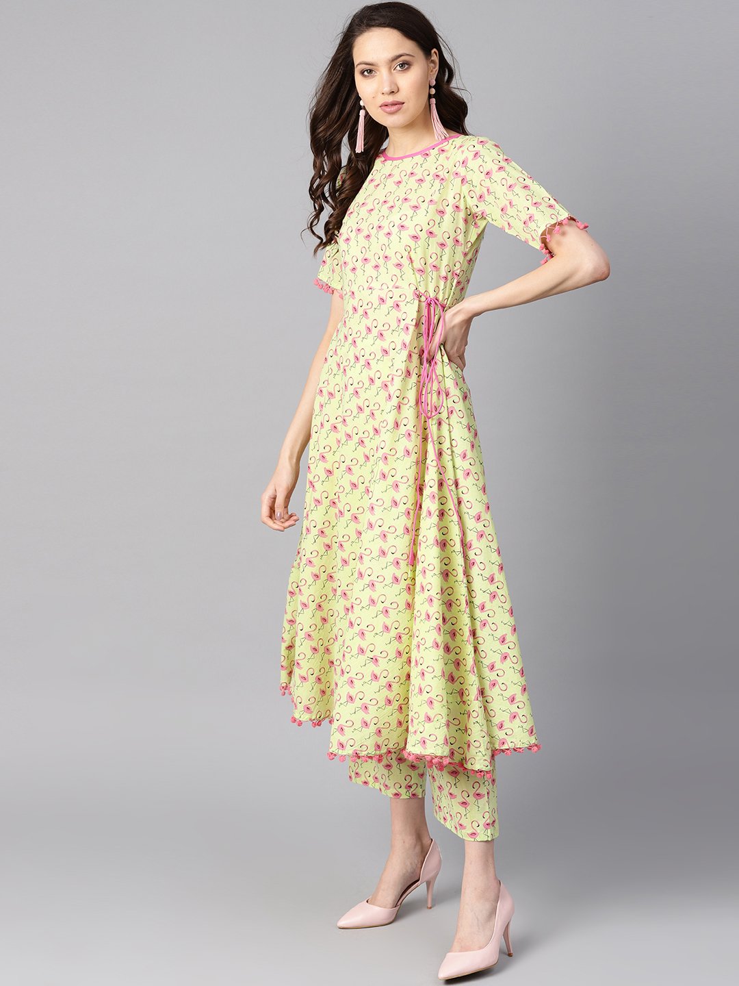 Women's Flamingo Bird Print Anarkali With Side Dori And Pom Pom Lace Detailing With Flamingo Bird Printed Pants