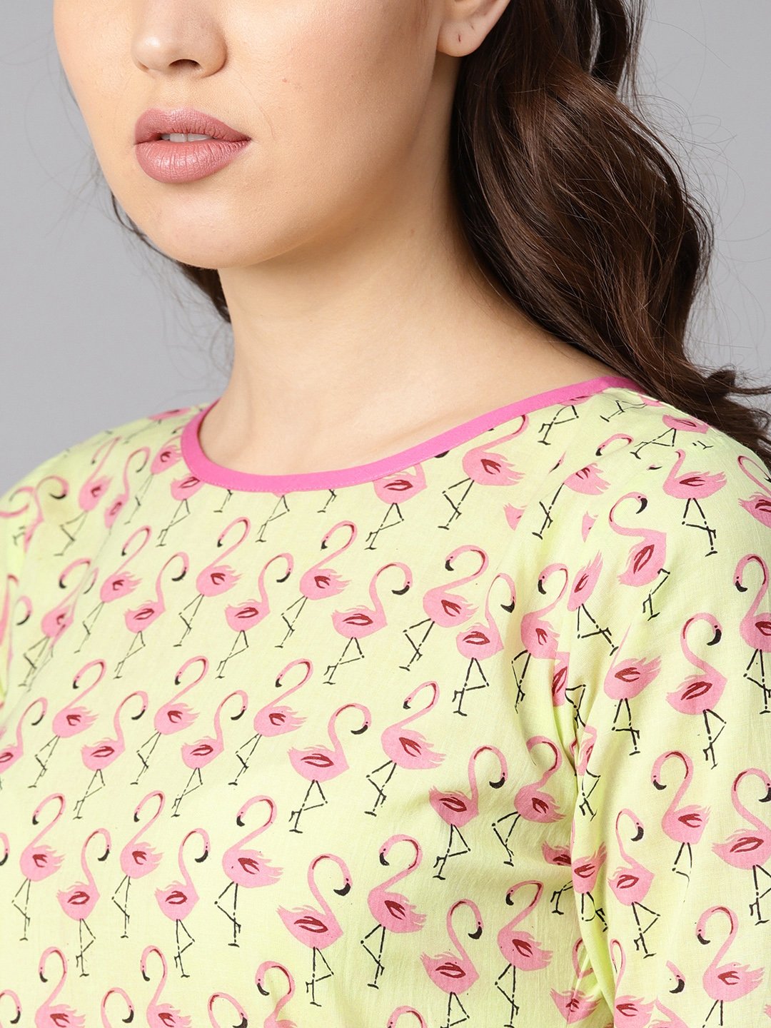 Women's Flamingo Bird Print Anarkali With Side Dori And Pom Pom Lace Detailing With Flamingo Bird Printed Pants