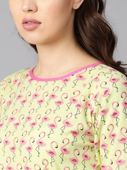 Women's Flamingo Bird Print Anarkali With Side Dori And Pom Pom Lace Detailing With Flamingo Bird Printed Pants