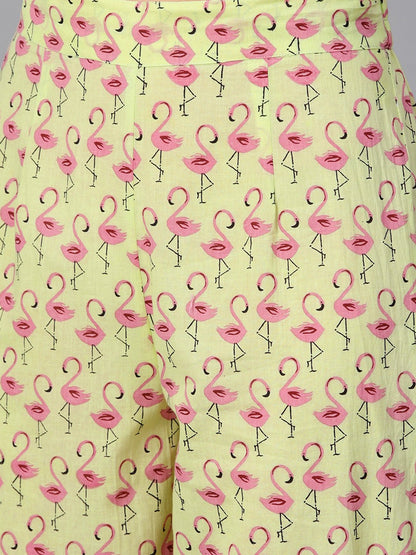 Women's Flamingo Bird Print Anarkali With Side Dori And Pom Pom Lace Detailing With Flamingo Bird Printed Pants