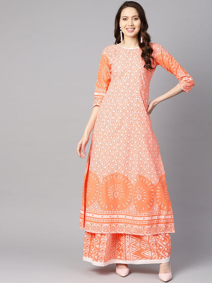 Women's Floral White Printed A-Line Kurta With White Geometric Printed Skirt