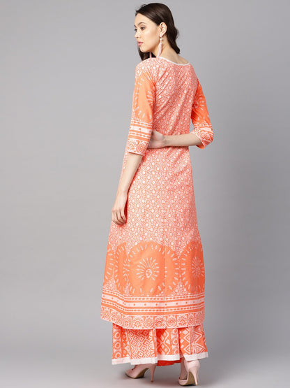 Women's Floral White Printed A-Line Kurta With White Geometric Printed Skirt