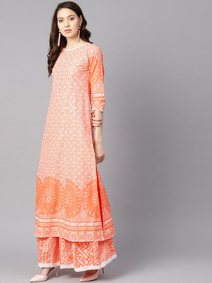 Women's Floral White Printed A-Line Kurta With White Geometric Printed Skirt